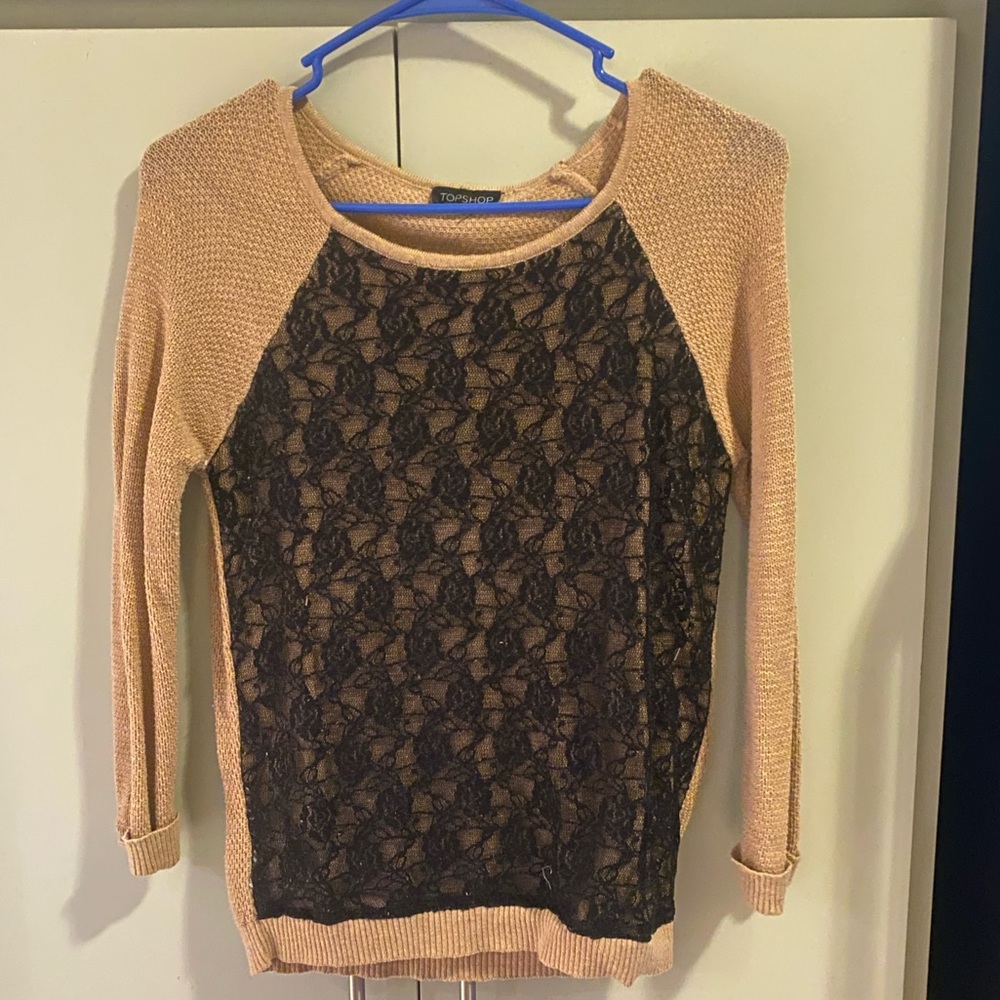 Topshop Sweater Shirt. Light Brown w/ black mesh.
